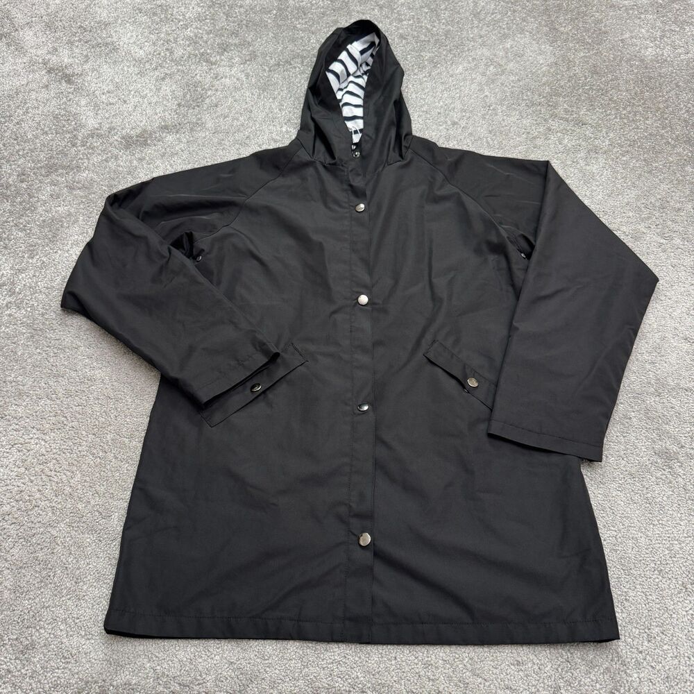 Wantdo Anorak Long Rain Coat Hoodie Jacket Womens Medium Black  Stripe Lined